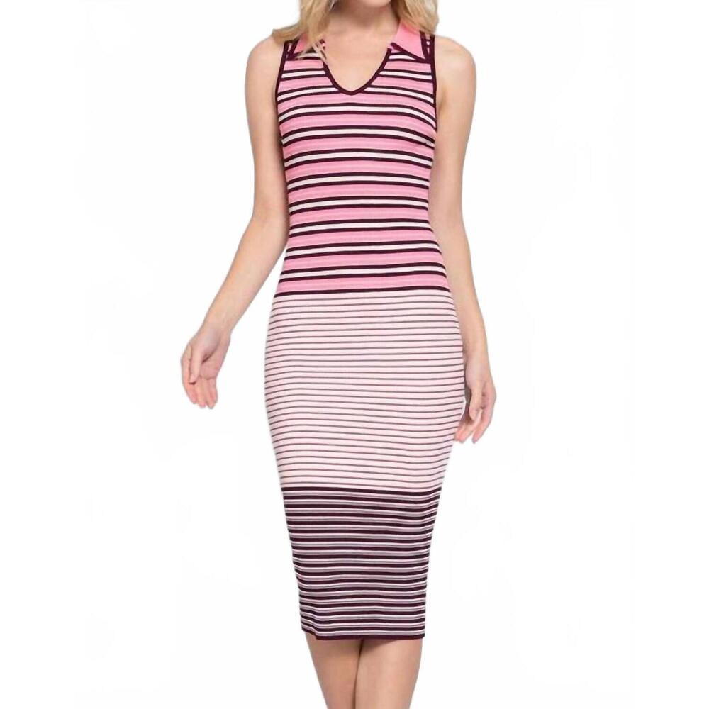 NEW ACTIVE BASIC sleeveless v-neck multi stripe midi sweater dress in pink/merlo